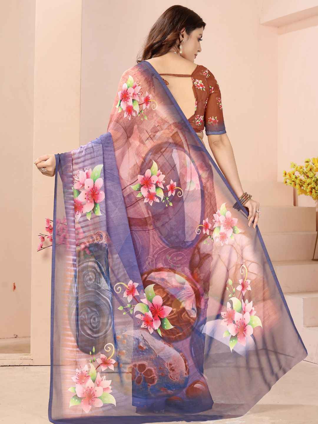 ZAMUNA Brown Georgette Floral Digital Print Saree with Blouse Piece – Earthy Tones for Wedding & Festive Wear