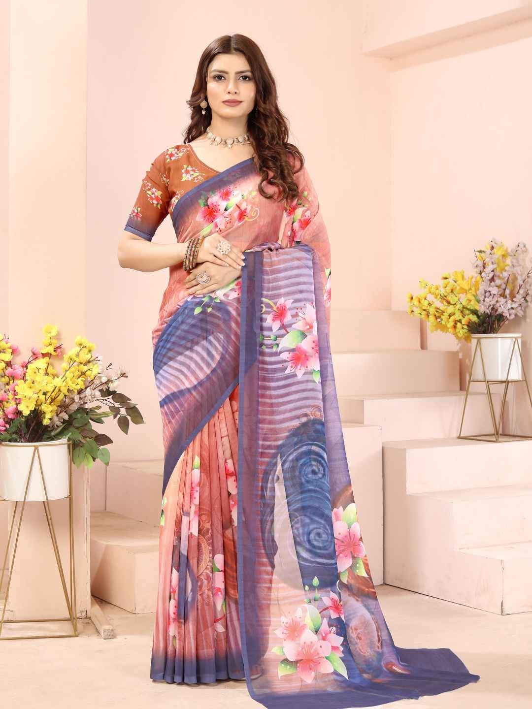 ZAMUNA Brown Georgette Floral Digital Print Saree with Blouse Piece – Earthy Tones for Wedding & Festive Wear