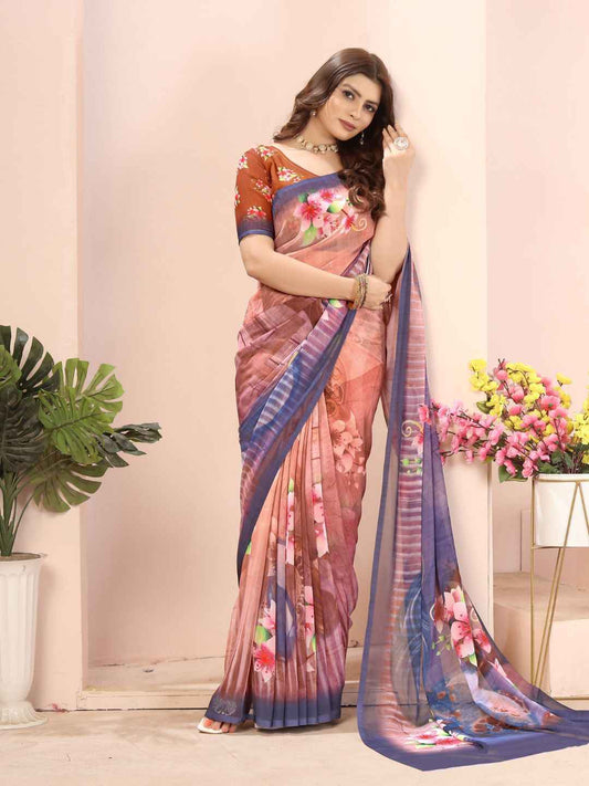 ZAMUNA Brown Georgette Floral Digital Print Saree with Blouse Piece – Earthy Tones for Wedding & Festive Wear