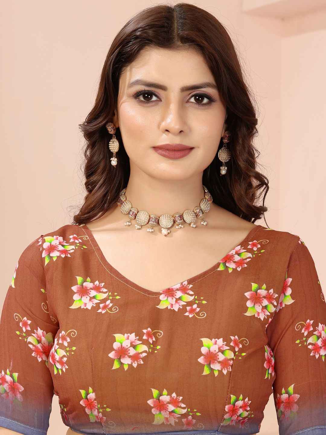 ZAMUNA Brown Georgette Floral Digital Print Saree with Blouse Piece – Earthy Tones for Wedding & Festive Wear