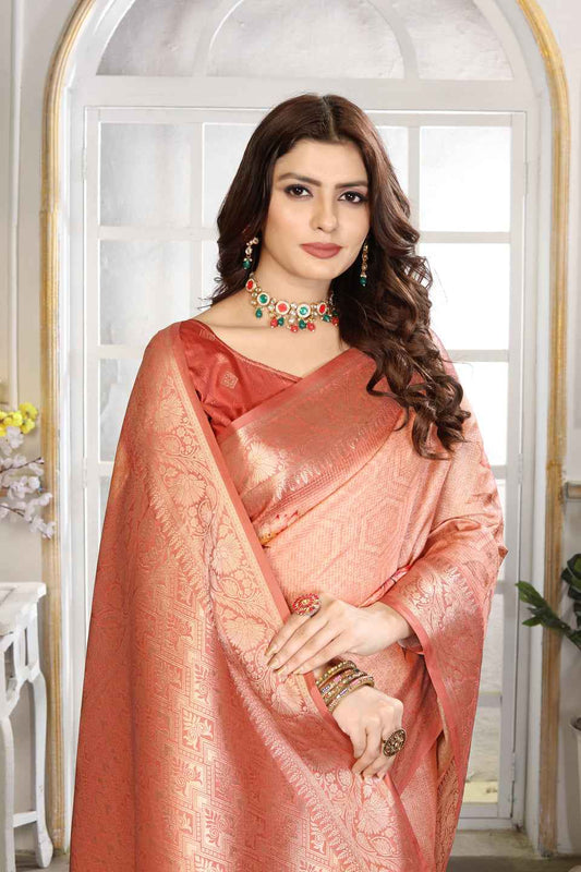 ZAMUNA Brown Silk Kanjivaram Digital Print Saree with Blouse Piece – Heritage Wedding Saree