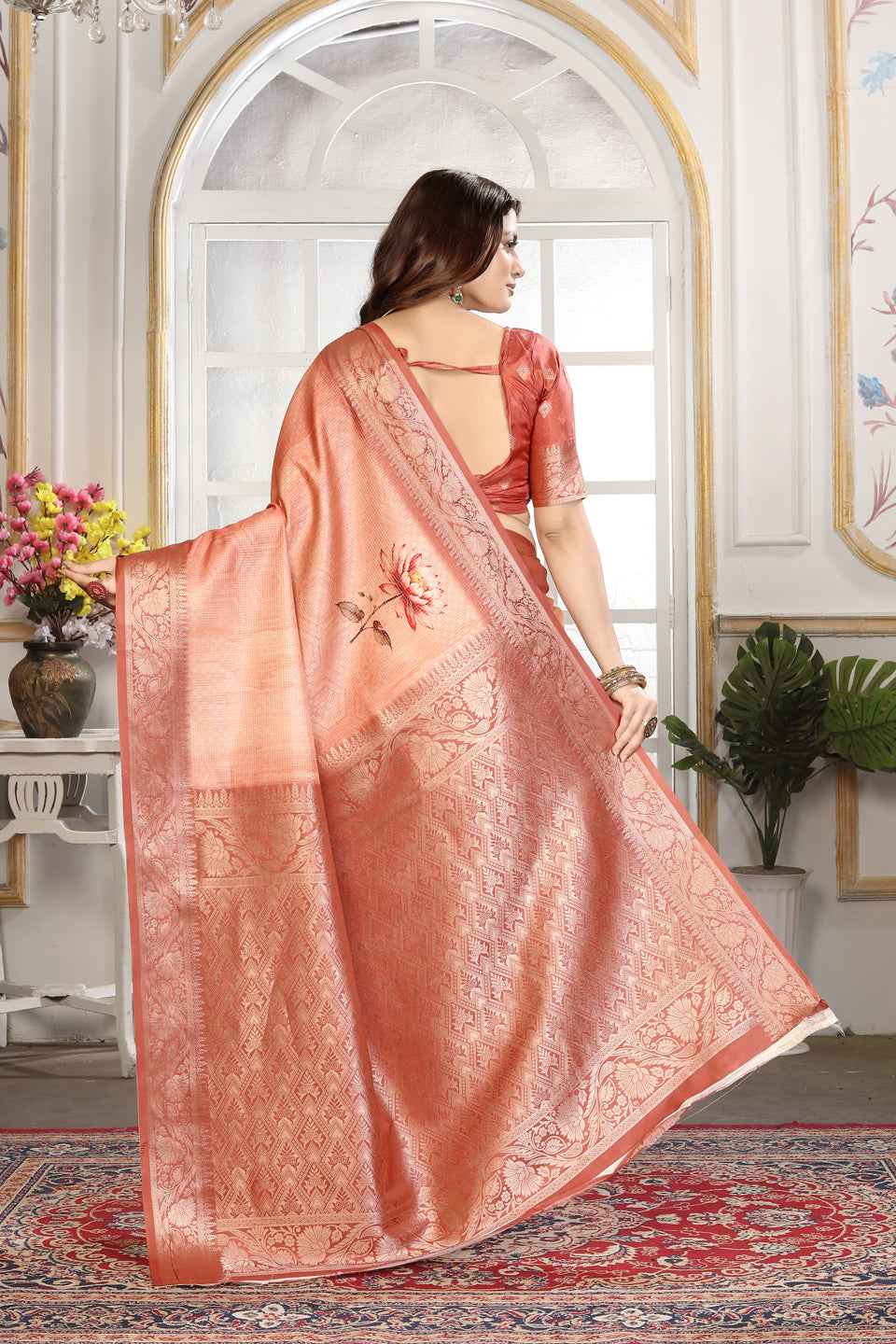 ZAMUNA Brown Silk Kanjivaram Digital Print Saree with Blouse Piece – Heritage Wedding Saree