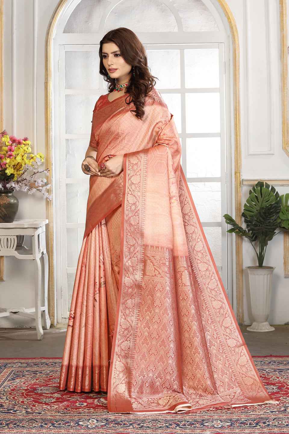 ZAMUNA Brown Silk Kanjivaram Digital Print Saree with Blouse Piece – Heritage Wedding Saree