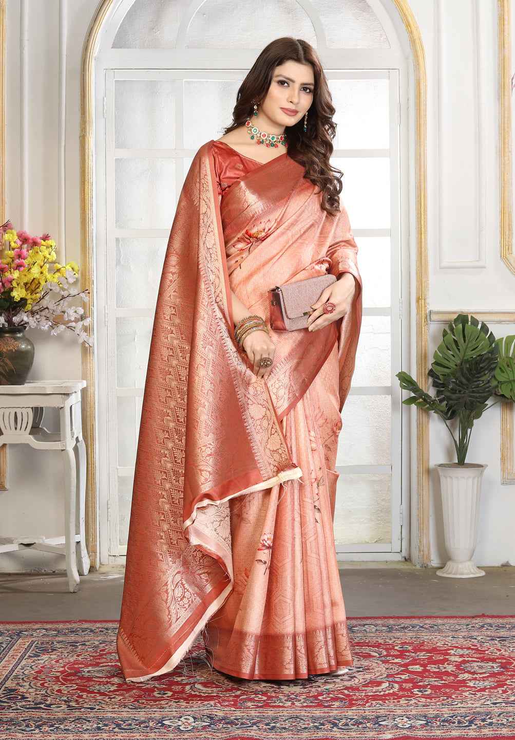 ZAMUNA Brown Silk Kanjivaram Digital Print Saree with Blouse Piece – Heritage Wedding Saree