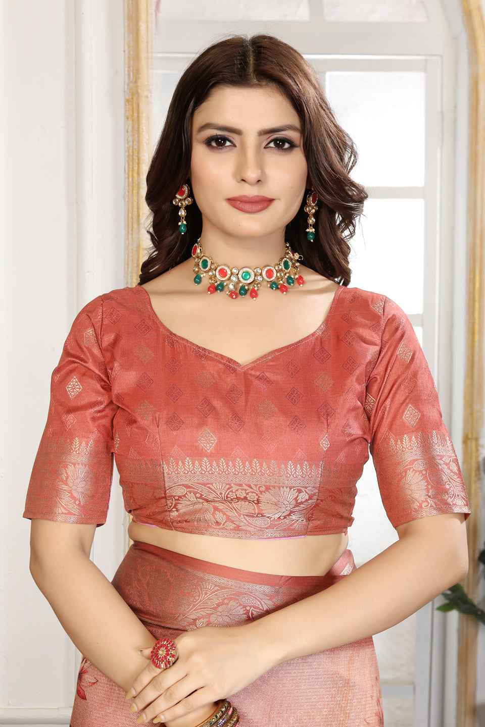 ZAMUNA Brown Silk Kanjivaram Digital Print Saree with Blouse Piece – Heritage Wedding Saree