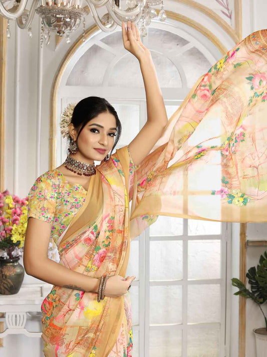 ZAMUNA Cream Georgette Floral Digital Print Saree with Blouse Piece – Subtle & Elegant Bridal Saree