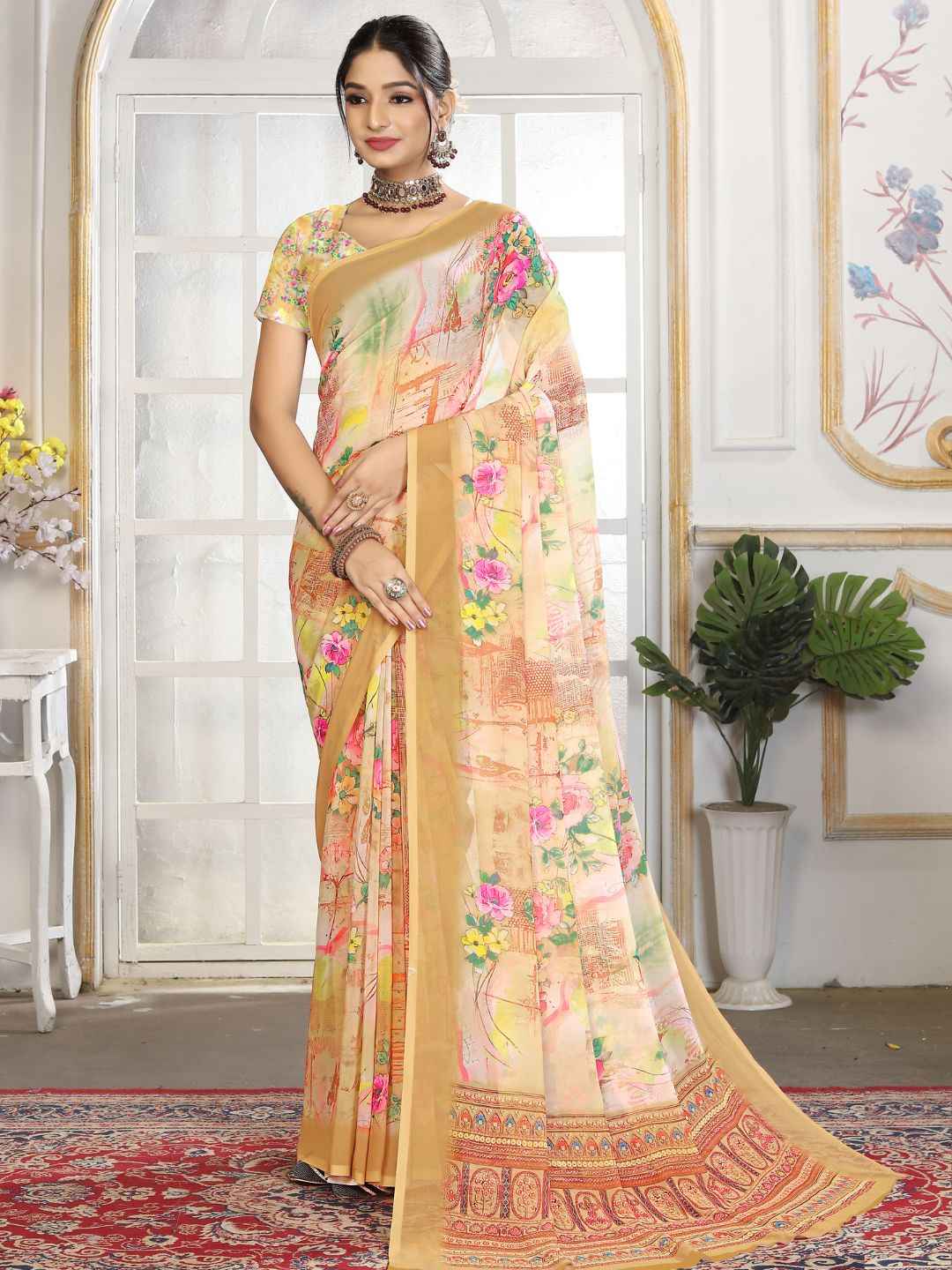 ZAMUNA Cream Georgette Floral Digital Print Saree with Blouse Piece – Subtle & Elegant Bridal Saree