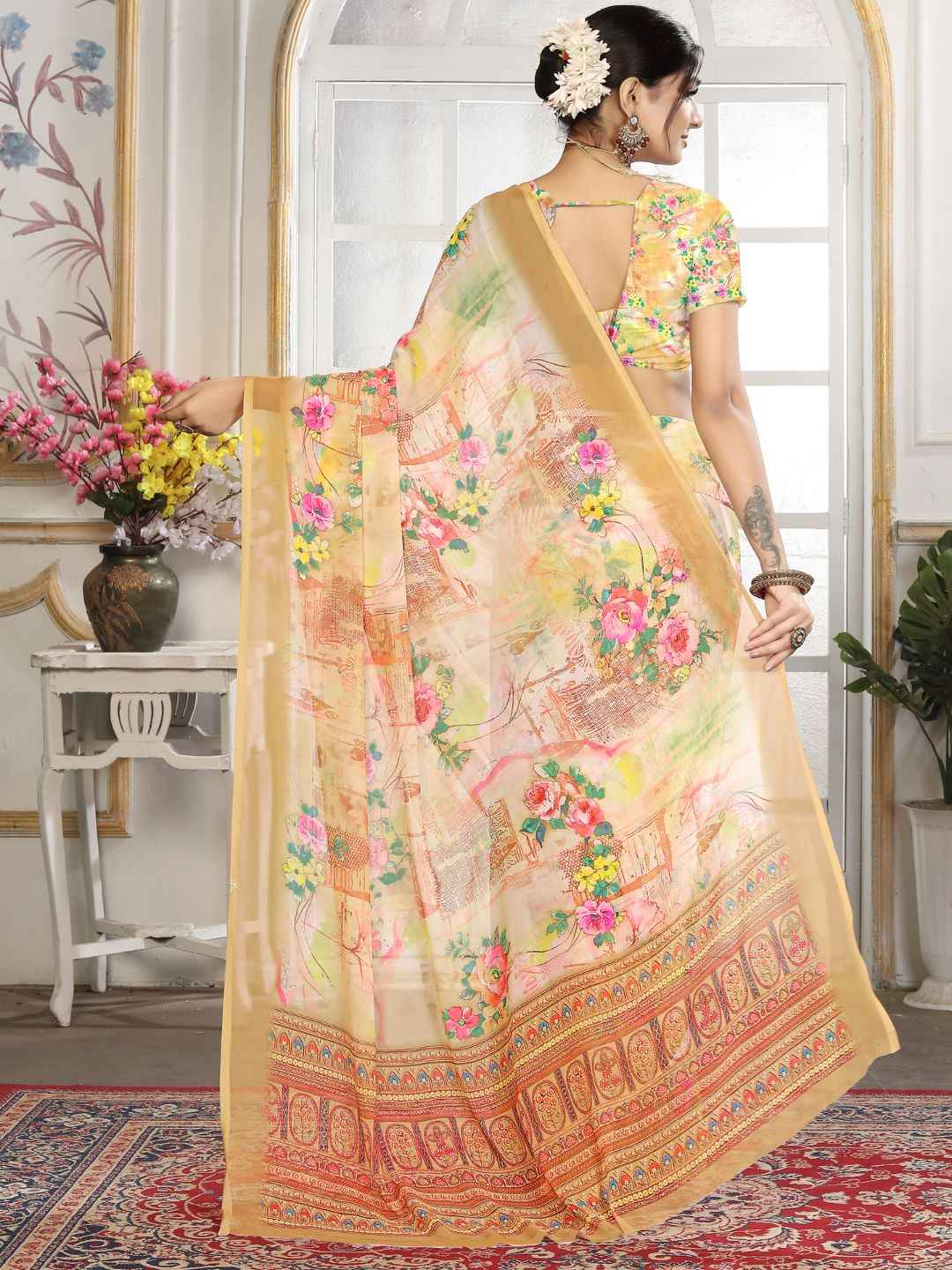 ZAMUNA Cream Georgette Floral Digital Print Saree with Blouse Piece – Subtle & Elegant Bridal Saree