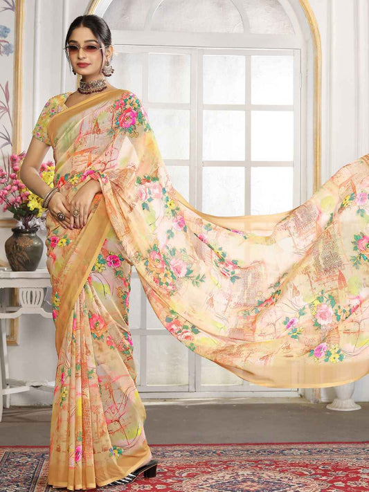 ZAMUNA Cream Georgette Floral Digital Print Saree with Blouse Piece – Subtle & Elegant Bridal Saree
