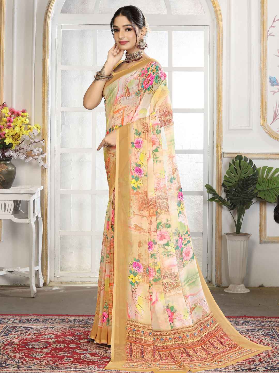 ZAMUNA Cream Georgette Floral Digital Print Saree with Blouse Piece – Subtle & Elegant Bridal Saree