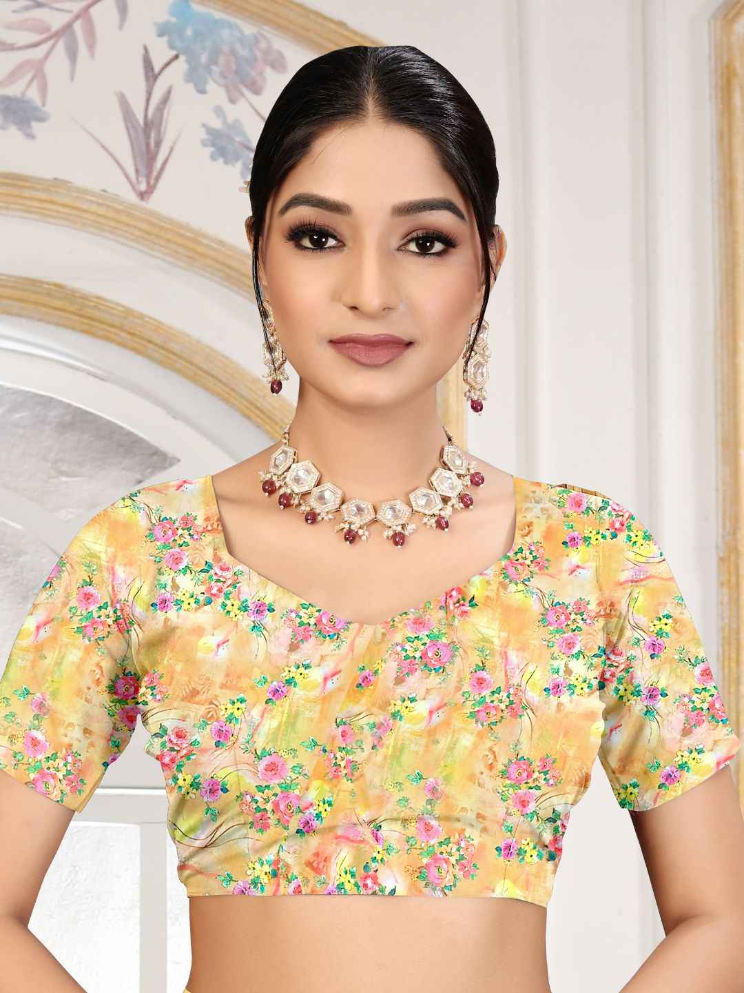 ZAMUNA Cream Georgette Floral Digital Print Saree with Blouse Piece – Subtle & Elegant Bridal Saree