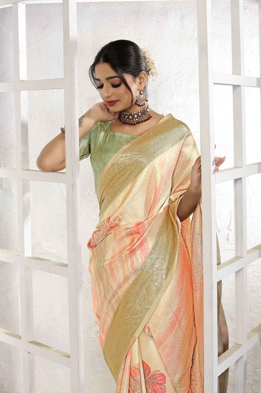 ZAMUNA Cream Silk Kanjivaram Digital Print Saree with Blouse Piece – Classic Bridal & Festive Elegance