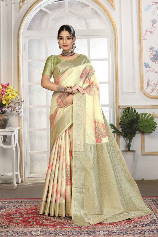 ZAMUNA Cream Silk Kanjivaram Digital Print Saree with Blouse Piece – Classic Bridal & Festive Elegance