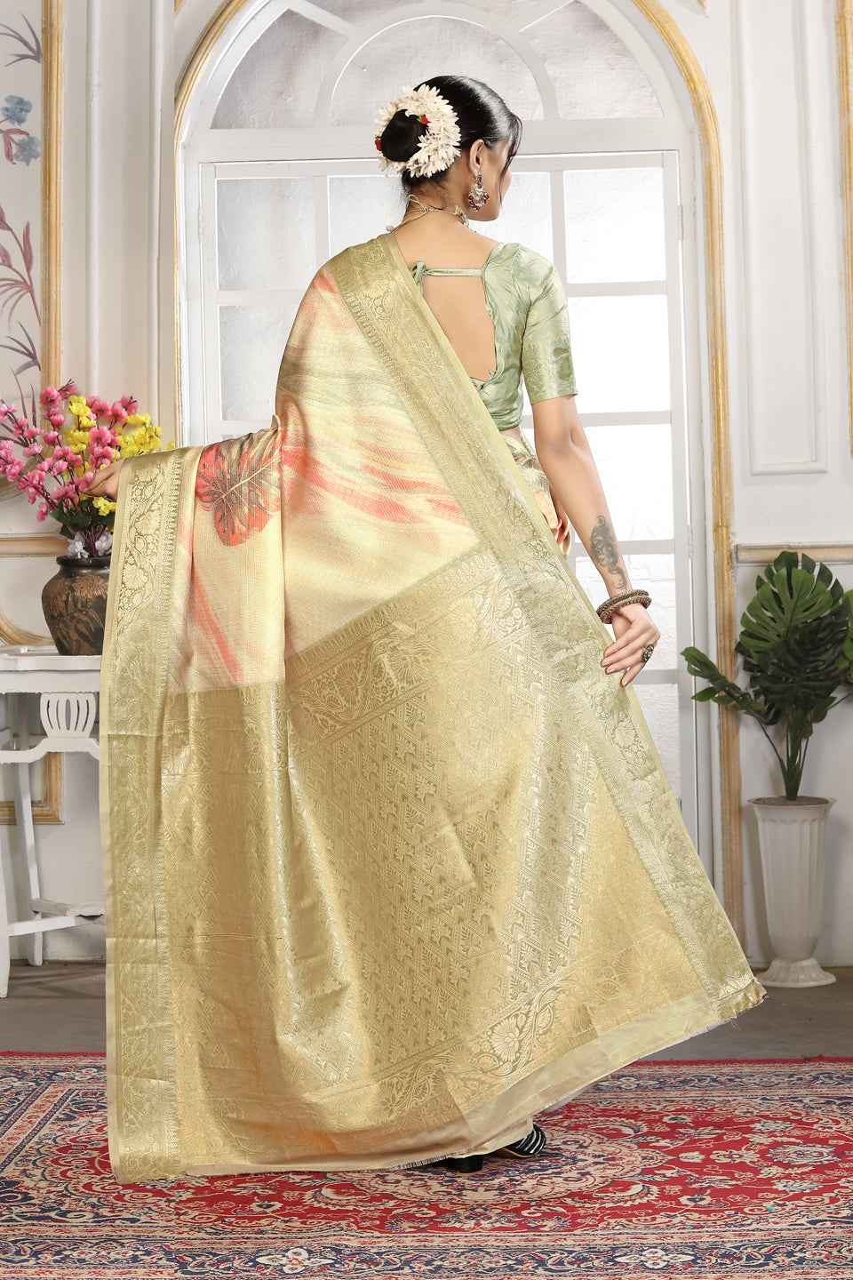 ZAMUNA Cream Silk Kanjivaram Digital Print Saree with Blouse Piece – Classic Bridal & Festive Elegance