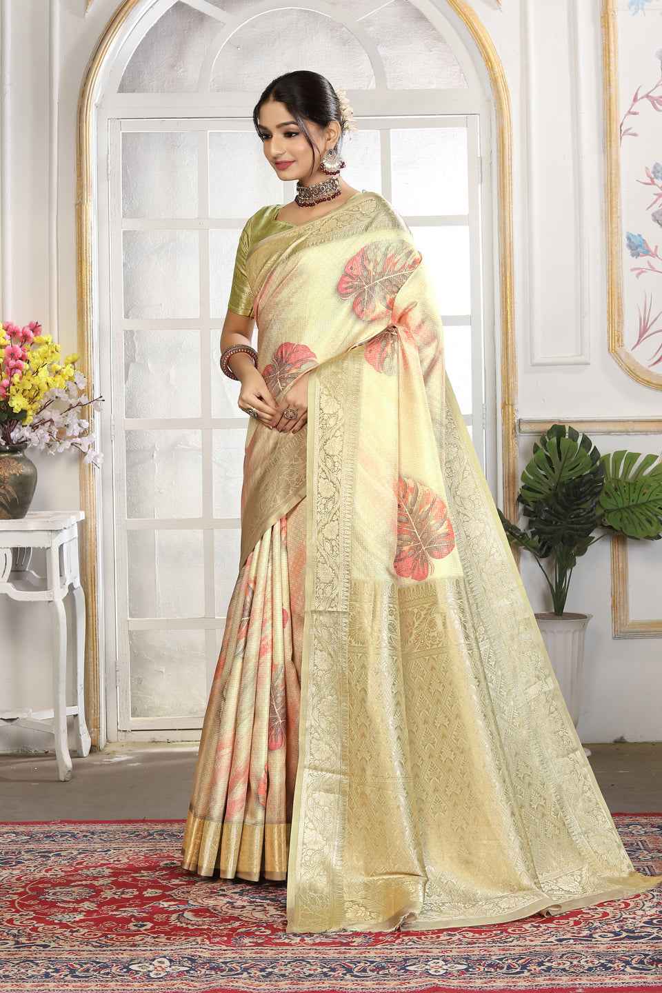 ZAMUNA Cream Silk Kanjivaram Digital Print Saree with Blouse Piece – Classic Bridal & Festive Elegance