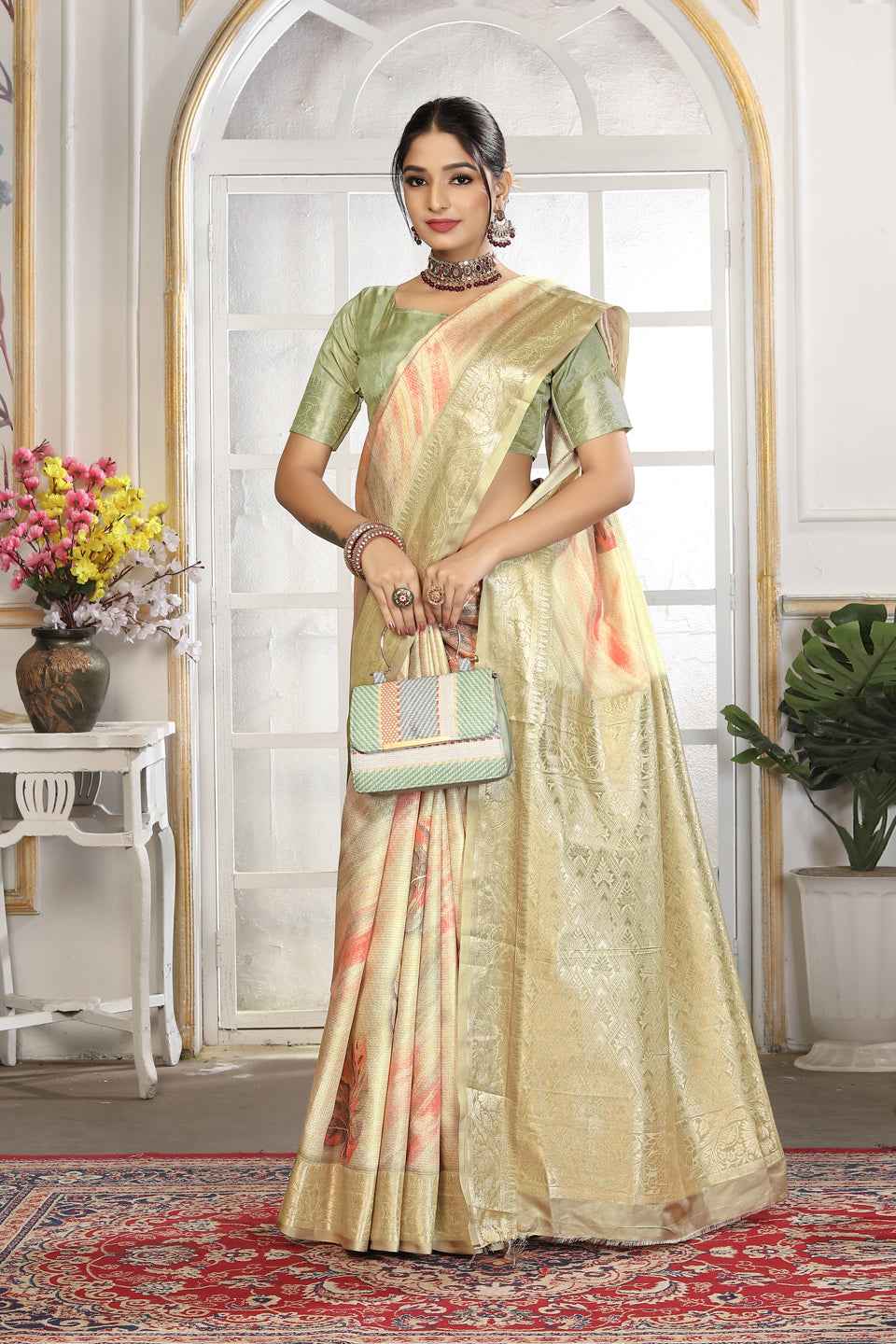 ZAMUNA Cream Silk Kanjivaram Digital Print Saree with Blouse Piece – Classic Bridal & Festive Elegance