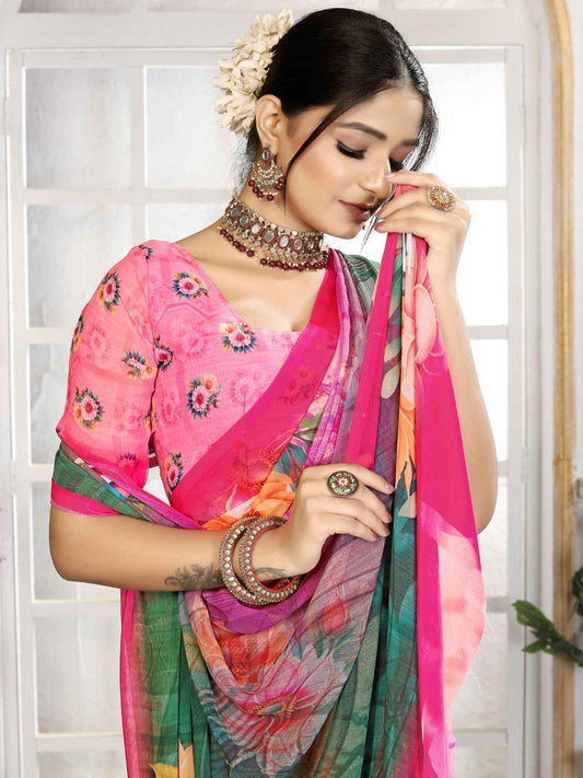 ZAMUNA Green Georgette Floral Digital Print Saree with Blouse Piece – Vibrant Party & Wedding Saree