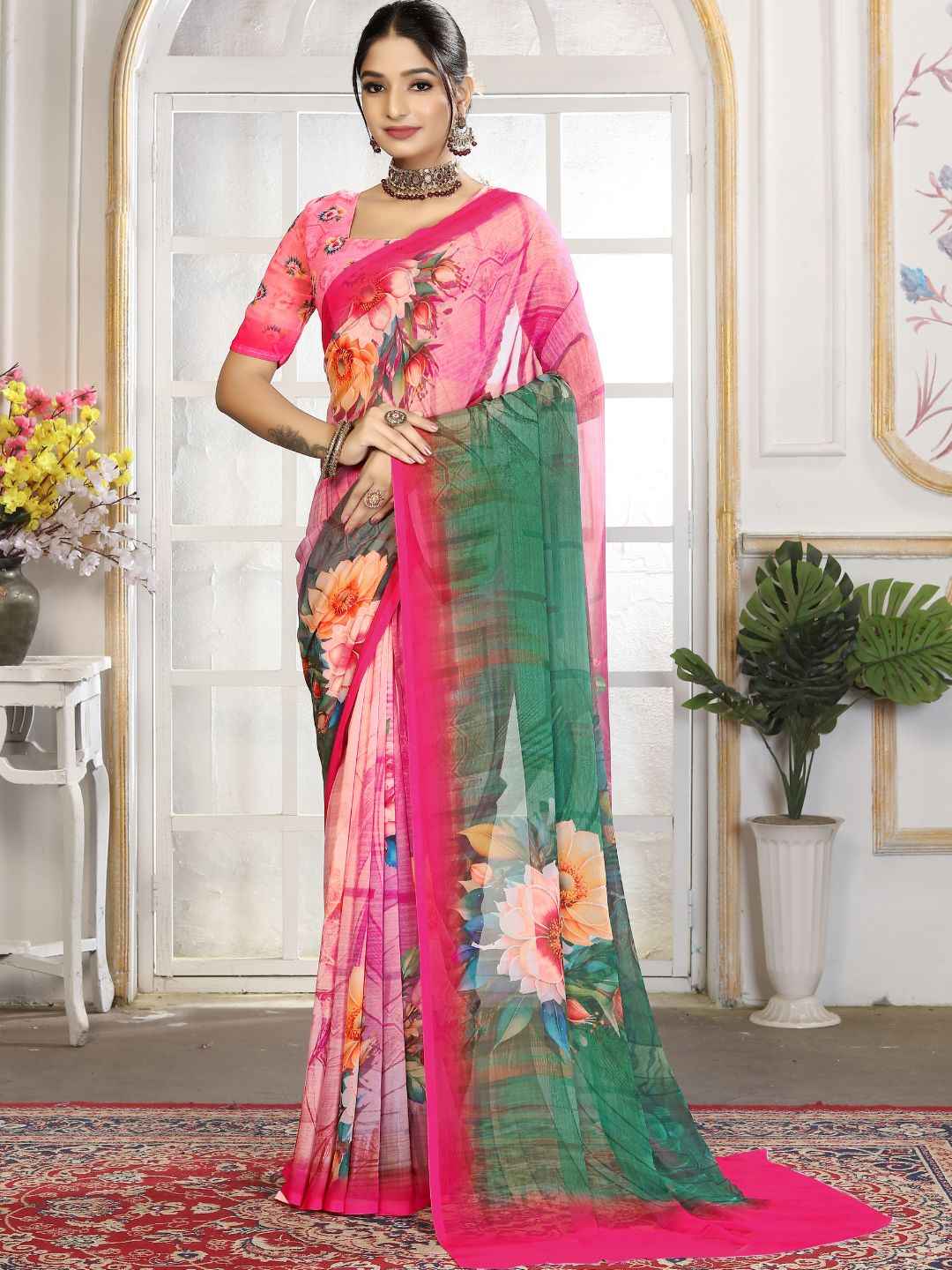ZAMUNA Green Georgette Floral Digital Print Saree with Blouse Piece – Vibrant Party & Wedding Saree