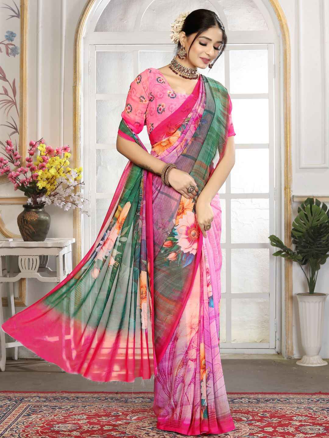 ZAMUNA Green Georgette Floral Digital Print Saree with Blouse Piece – Vibrant Party & Wedding Saree