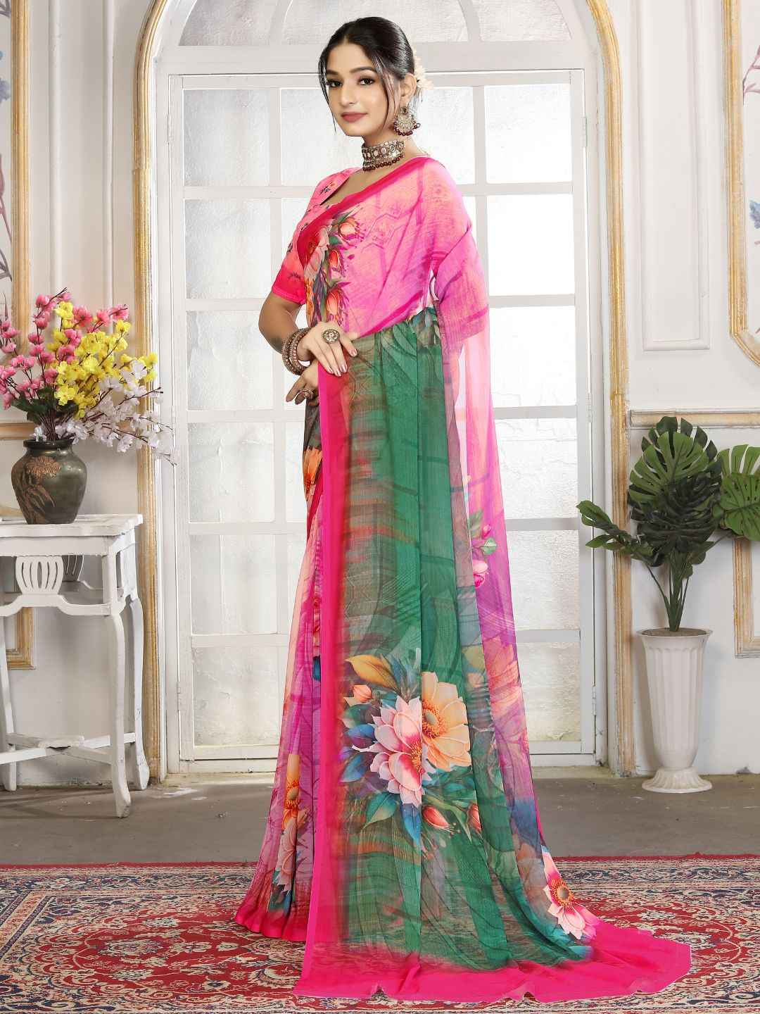 ZAMUNA Green Georgette Floral Digital Print Saree with Blouse Piece – Vibrant Party & Wedding Saree