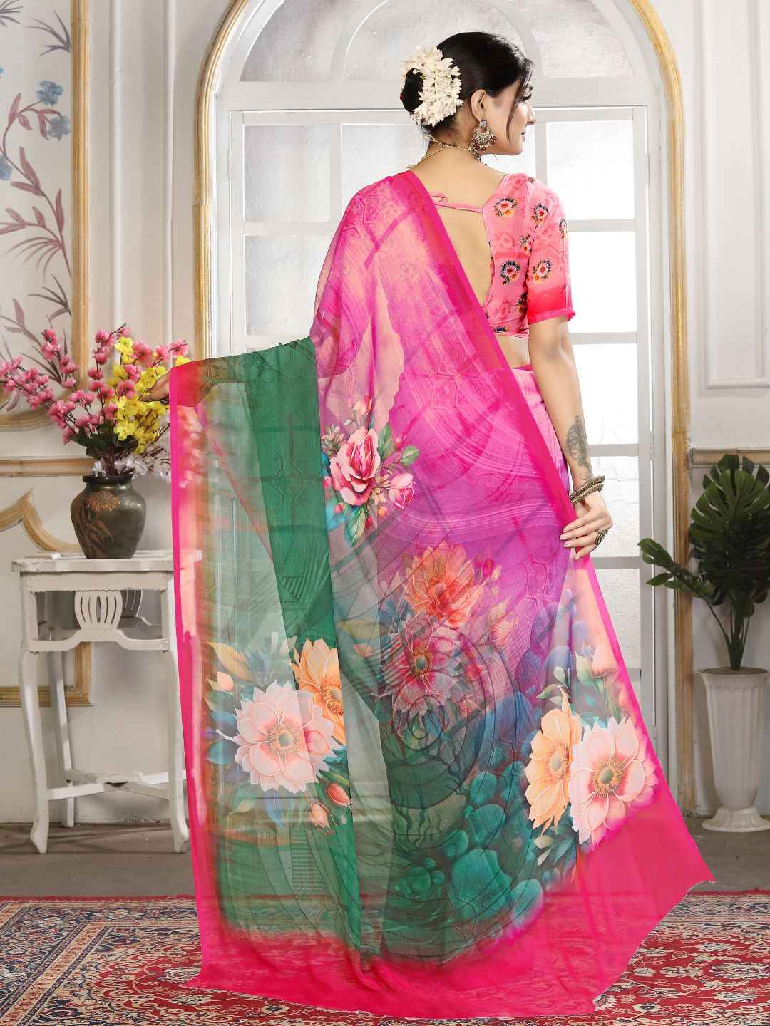 ZAMUNA Green Georgette Floral Digital Print Saree with Blouse Piece – Vibrant Party & Wedding Saree