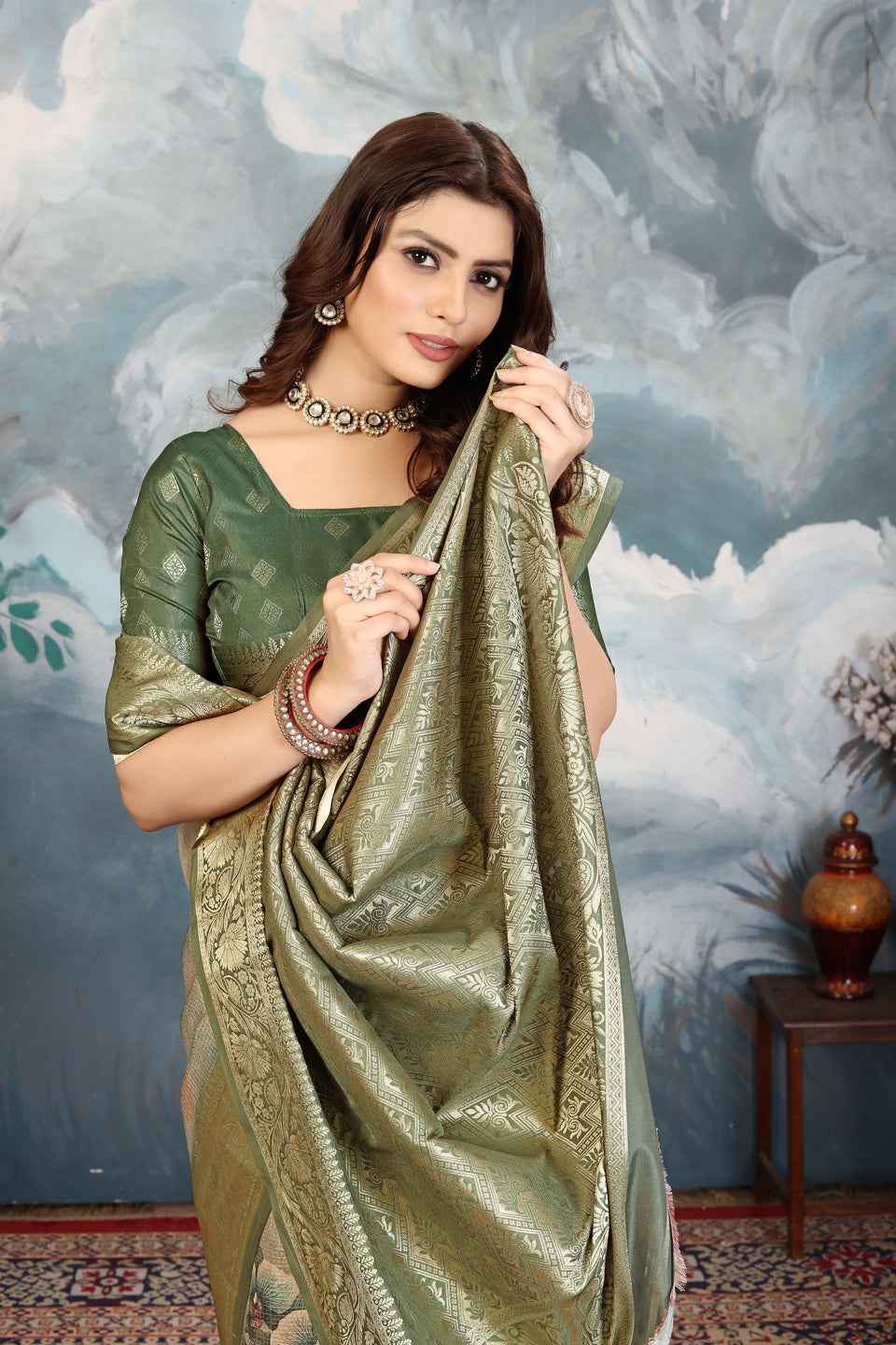 ZAMUNA Green Silk Kanjivaram Digital Print Saree with Blouse Piece – Regal Festive & Bridal Wear
