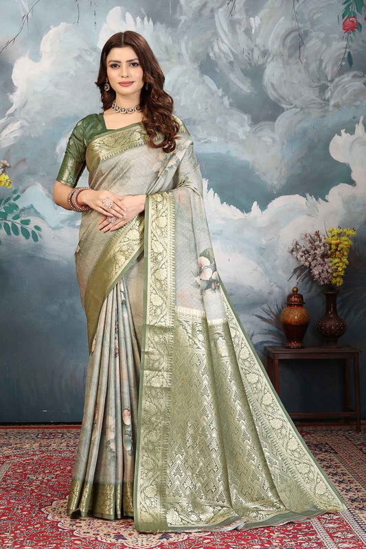 ZAMUNA Green Silk Kanjivaram Digital Print Saree with Blouse Piece – Regal Festive & Bridal Wear