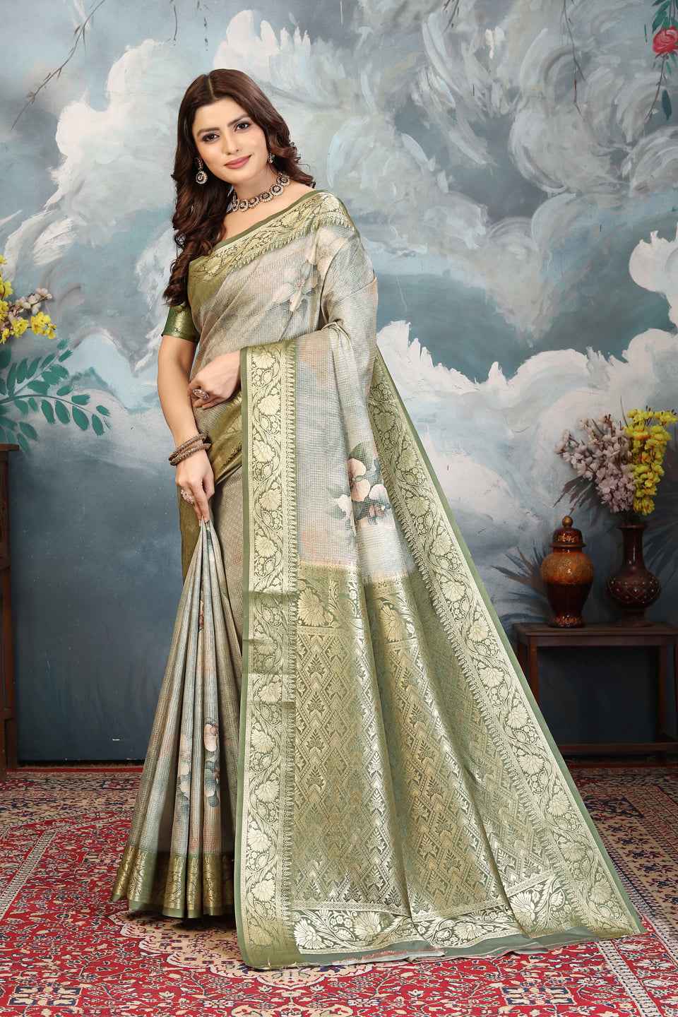 ZAMUNA Green Silk Kanjivaram Digital Print Saree with Blouse Piece – Regal Festive & Bridal Wear
