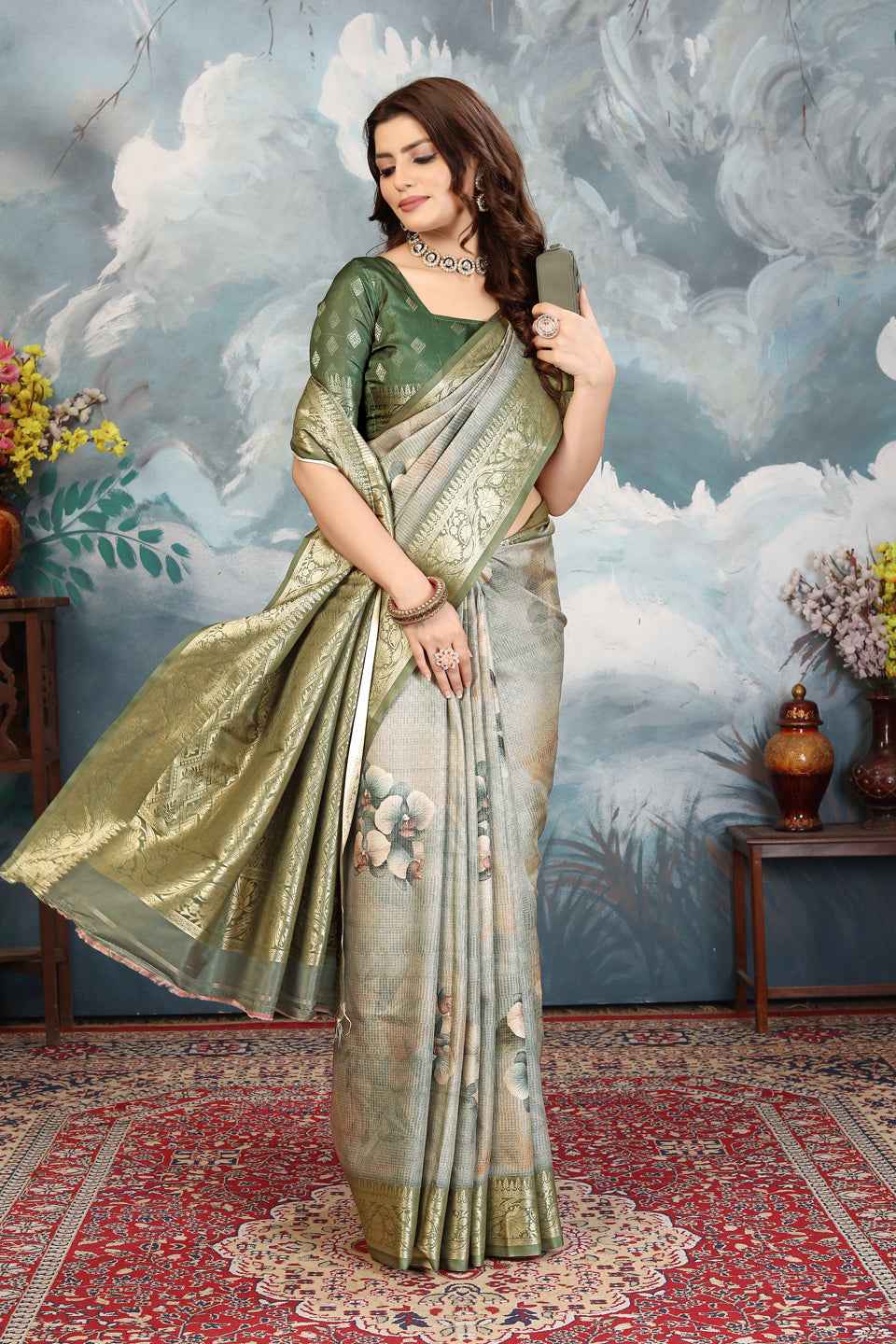 ZAMUNA Green Silk Kanjivaram Digital Print Saree with Blouse Piece – Regal Festive & Bridal Wear