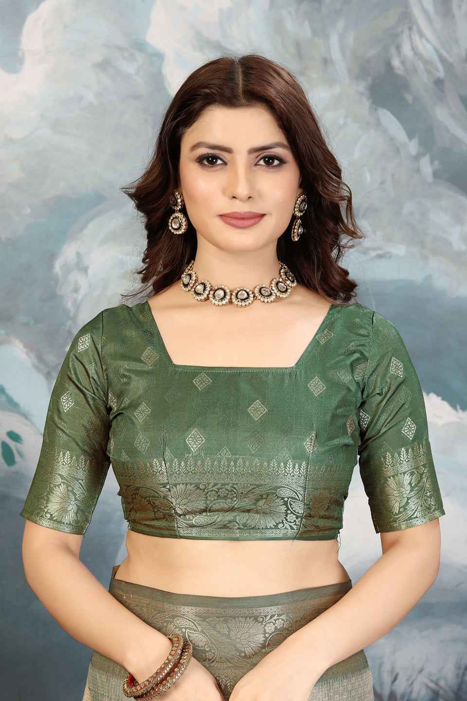 ZAMUNA Green Silk Kanjivaram Digital Print Saree with Blouse Piece – Regal Festive & Bridal Wear