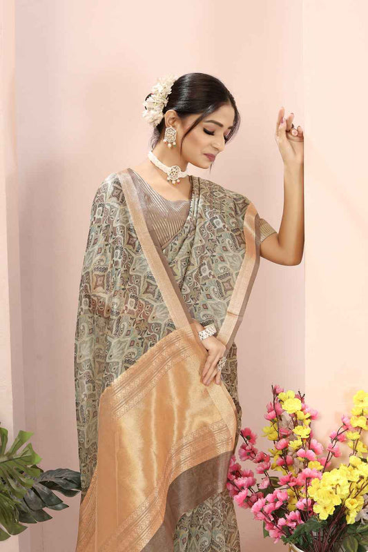 ZAMUNA Green Tissue Woven Floral Digital Print Saree with Blouse Piece – Fresh & Elegant Party Saree