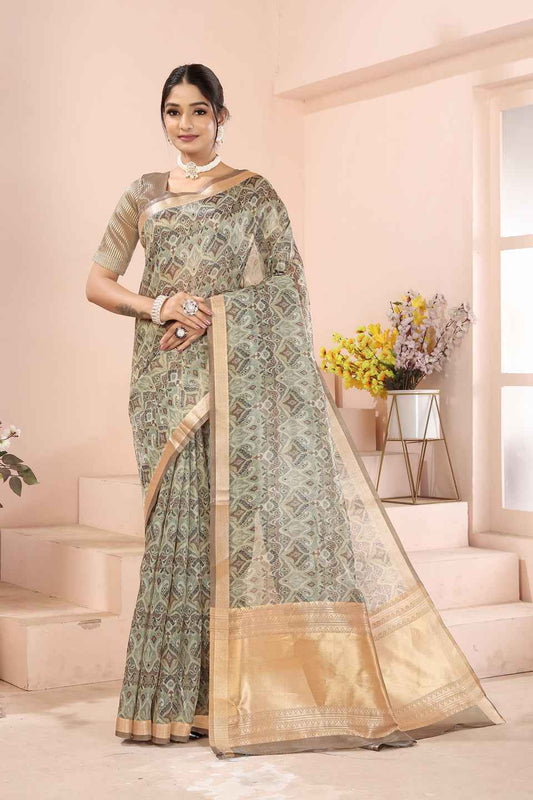 ZAMUNA Green Tissue Woven Floral Digital Print Saree with Blouse Piece – Fresh & Elegant Party Saree