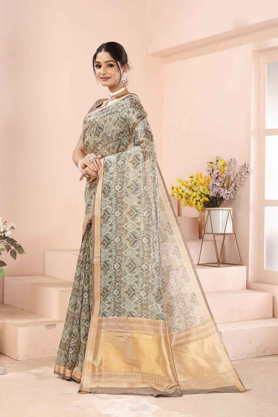 ZAMUNA Green Tissue Woven Floral Digital Print Saree with Blouse Piece – Fresh & Elegant Party Saree