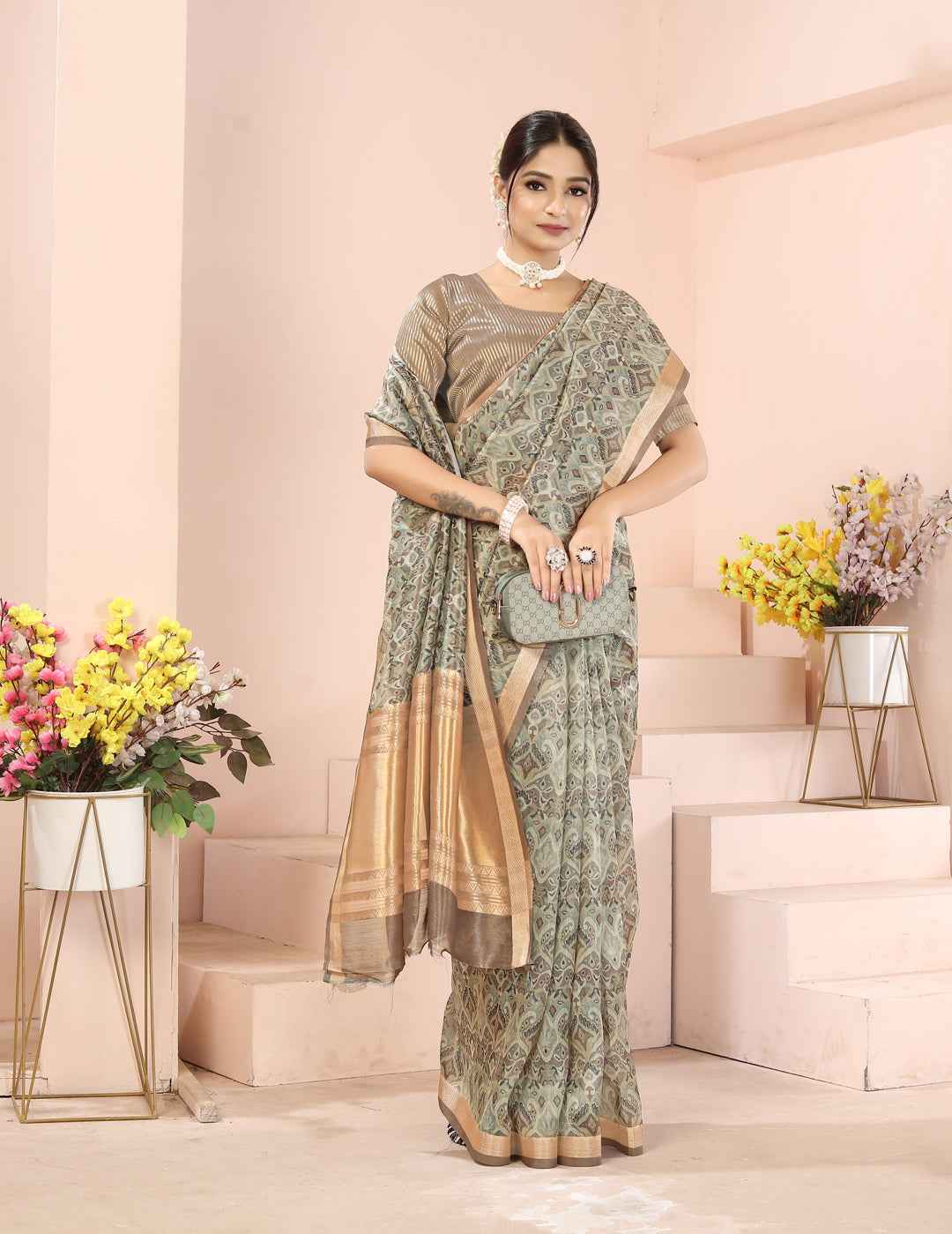 ZAMUNA Green Tissue Woven Floral Digital Print Saree with Blouse Piece – Fresh & Elegant Party Saree