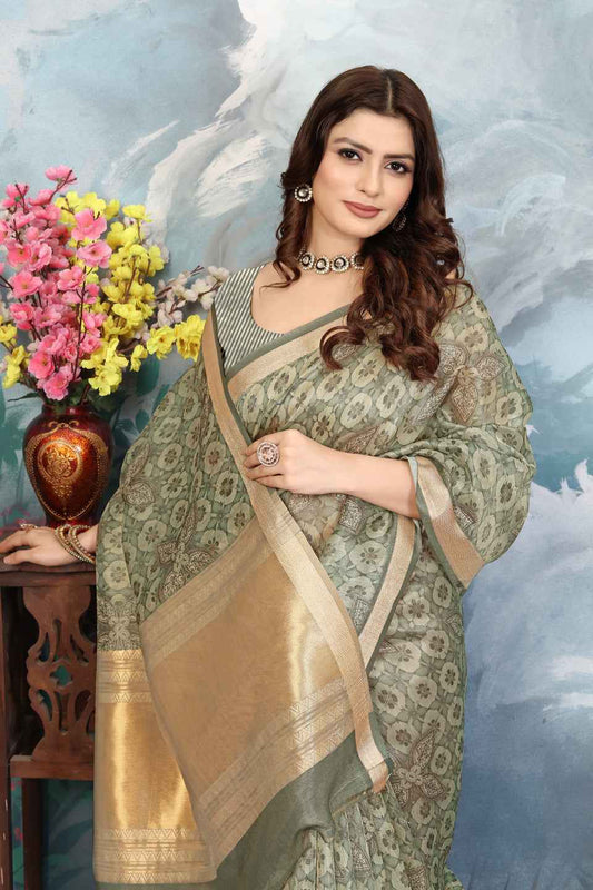 ZAMUNA Green Tissue Woven Floral Digital Print Saree with Blouse Piece – Fresh Wedding & Festive Saree
