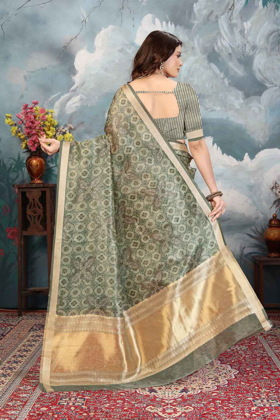 ZAMUNA Green Tissue Woven Floral Digital Print Saree with Blouse Piece – Fresh Wedding & Festive Saree