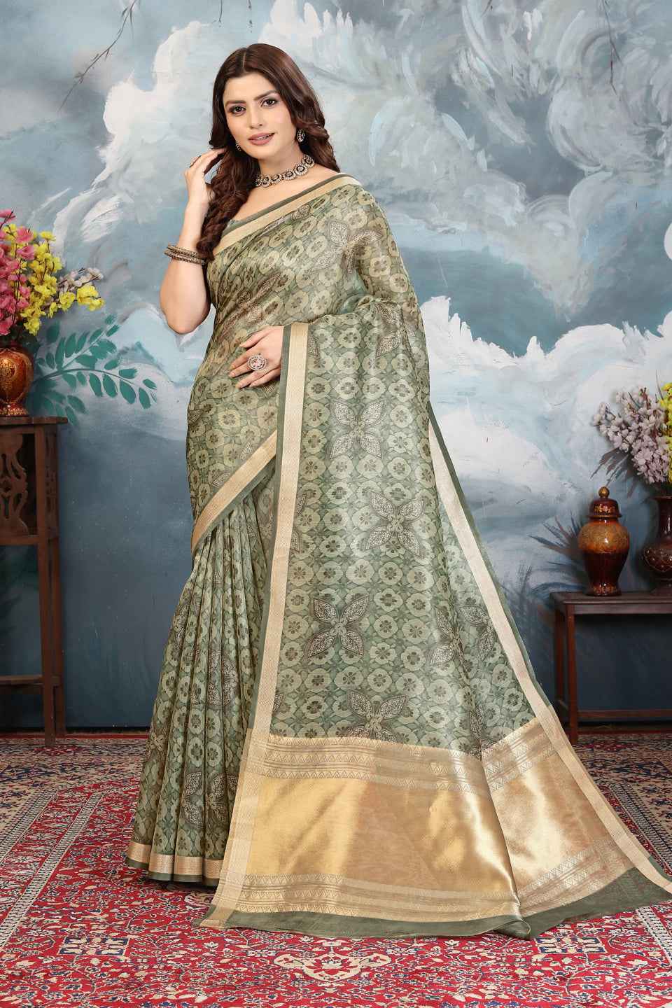 ZAMUNA Green Tissue Woven Floral Digital Print Saree with Blouse Piece – Fresh Wedding & Festive Saree