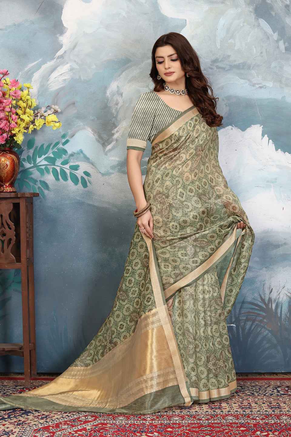 ZAMUNA Green Tissue Woven Floral Digital Print Saree with Blouse Piece – Fresh Wedding & Festive Saree