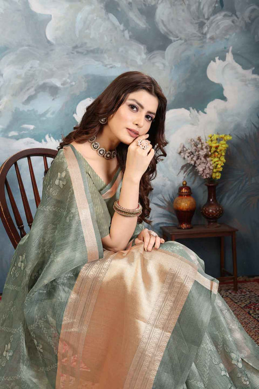 ZAMUNA Green Tissue Woven Floral Digital Print Saree with Blouse Piece – Timeless Ethnic Saree