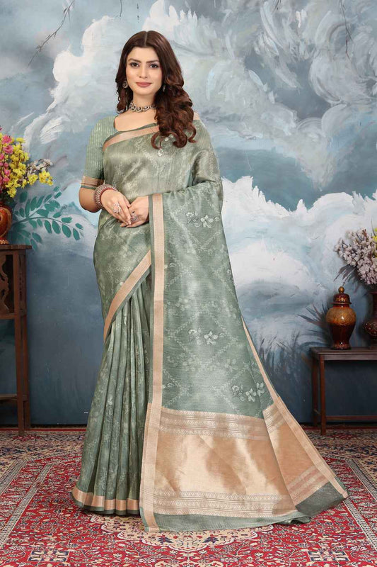 ZAMUNA Green Tissue Woven Floral Digital Print Saree with Blouse Piece – Timeless Ethnic Saree