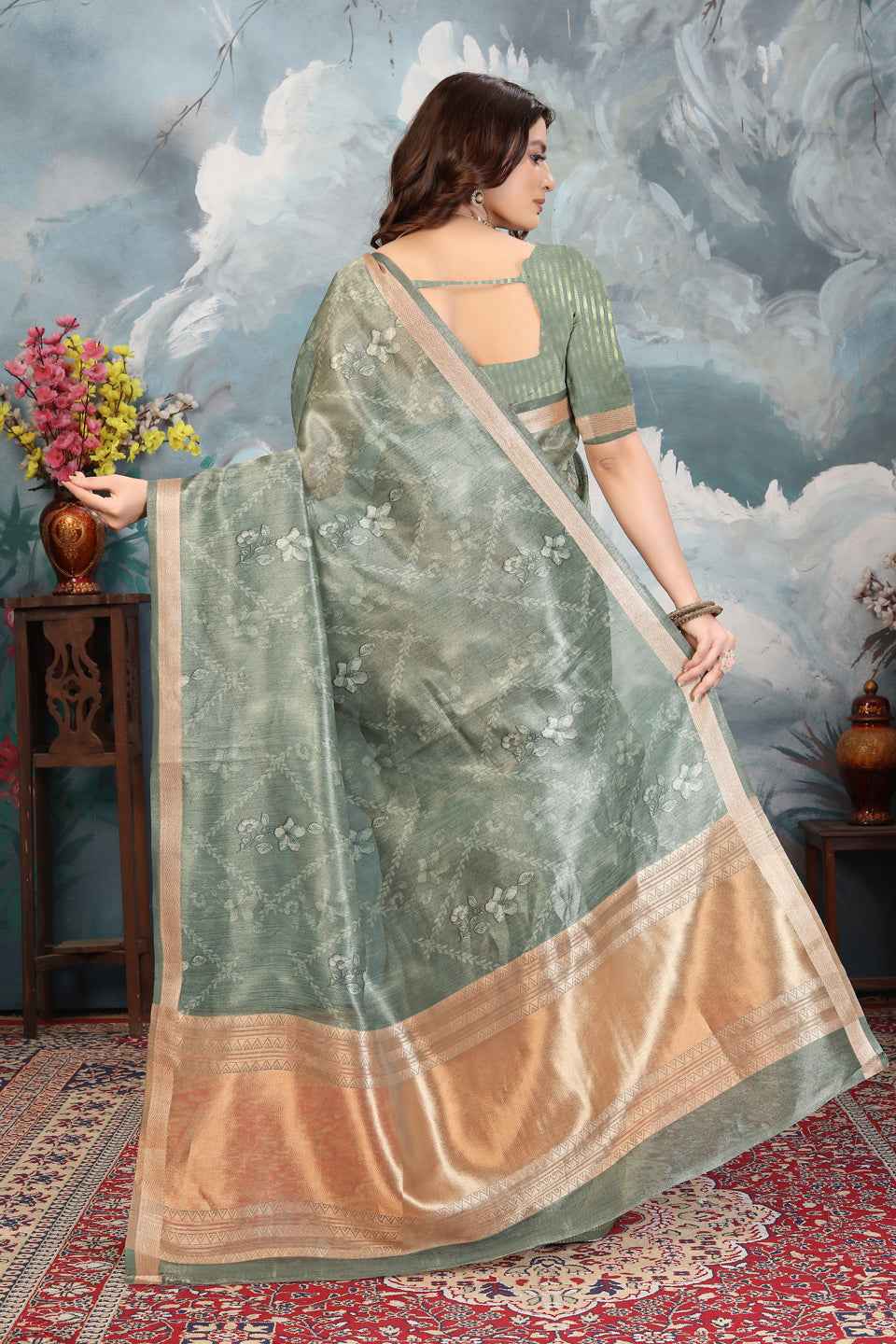 ZAMUNA Green Tissue Woven Floral Digital Print Saree with Blouse Piece – Timeless Ethnic Saree