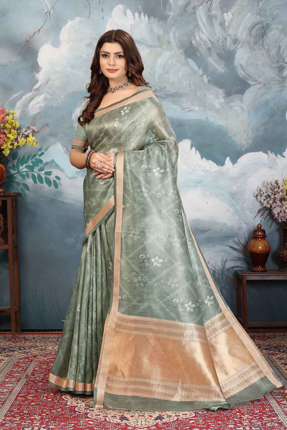 ZAMUNA Green Tissue Woven Floral Digital Print Saree with Blouse Piece – Timeless Ethnic Saree