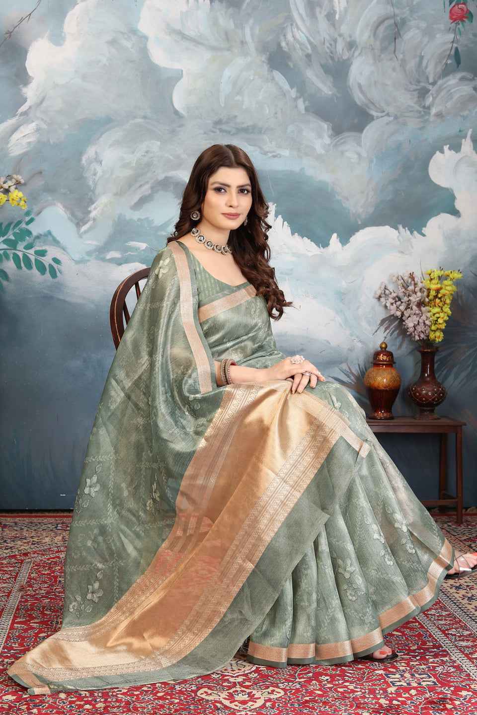 ZAMUNA Green Tissue Woven Floral Digital Print Saree with Blouse Piece – Timeless Ethnic Saree