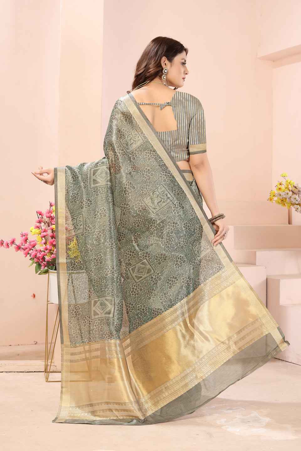 ZAMUNA Green Tissue Woven Floral Digital Print Saree with Blouse Piece – Vibrant Party & Festive Look