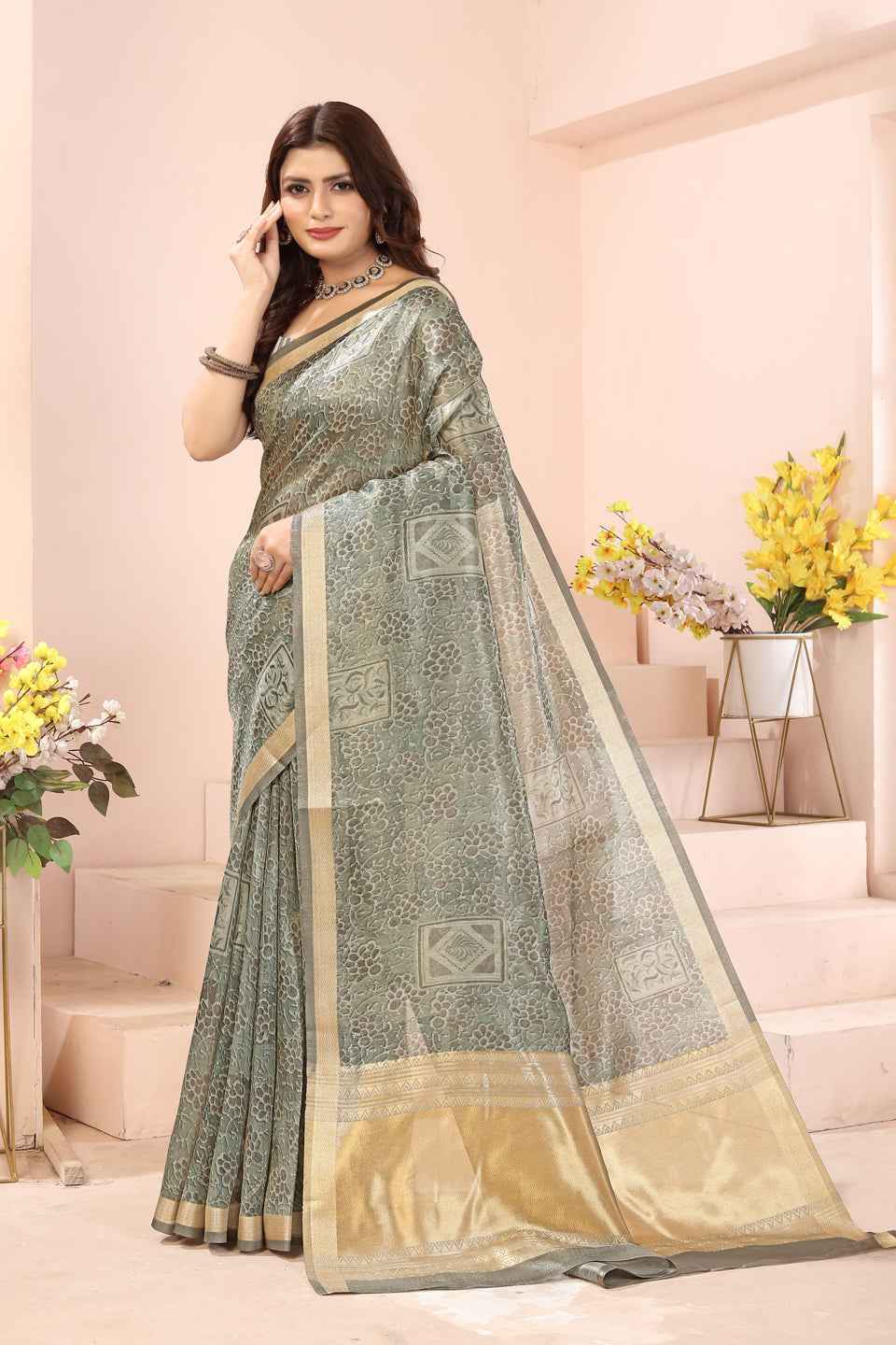 ZAMUNA Green Tissue Woven Floral Digital Print Saree with Blouse Piece – Vibrant Party & Festive Look