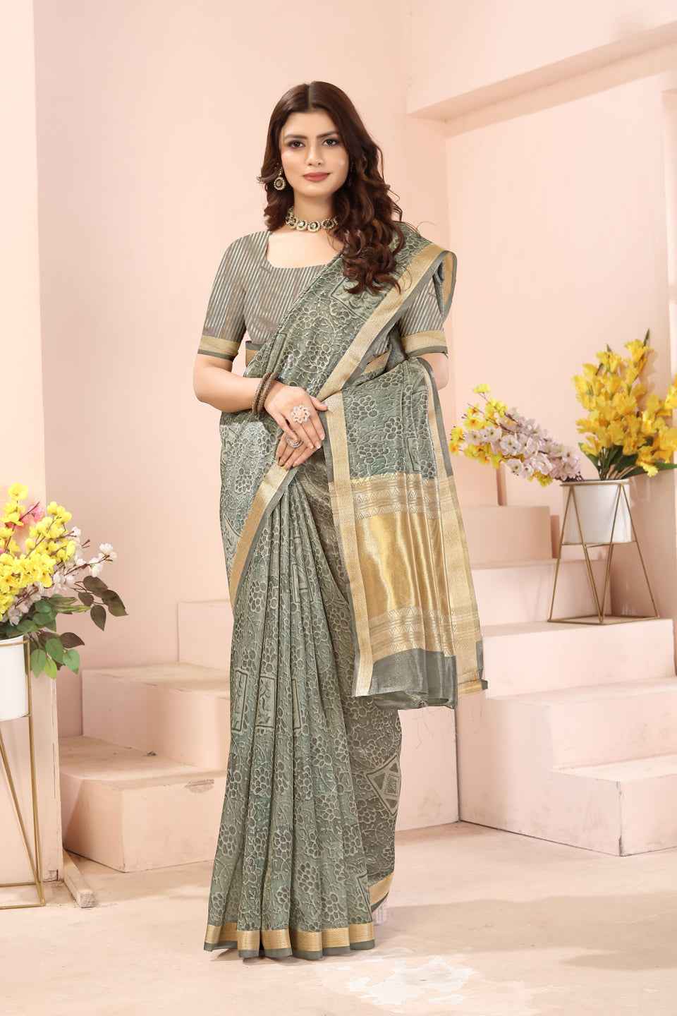 ZAMUNA Green Tissue Woven Floral Digital Print Saree with Blouse Piece – Vibrant Party & Festive Look