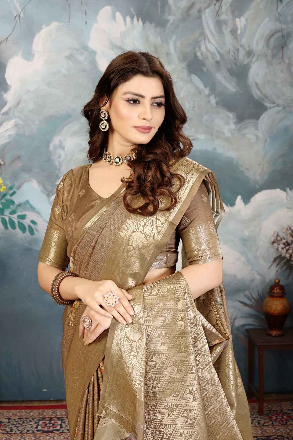 ZAMUNA Grey Silk Kanjivaram Digital Print Saree with Blouse Piece – Elegant Reception & Festive Saree