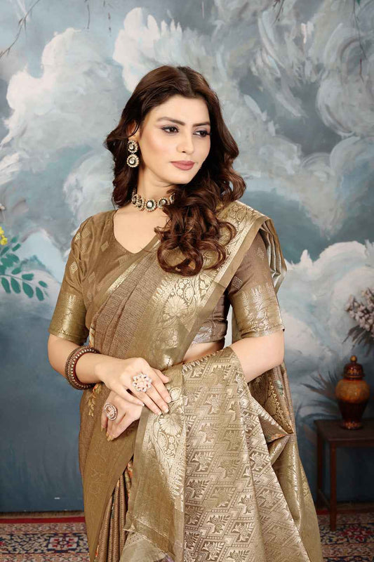 ZAMUNA Grey Silk Kanjivaram Digital Print Saree with Blouse Piece – Elegant Reception & Festive Saree