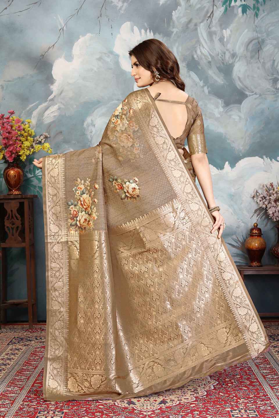 ZAMUNA Grey Silk Kanjivaram Digital Print Saree with Blouse Piece – Elegant Reception & Festive Saree