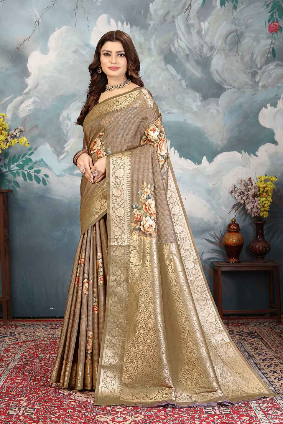 ZAMUNA Grey Silk Kanjivaram Digital Print Saree with Blouse Piece – Elegant Reception & Festive Saree